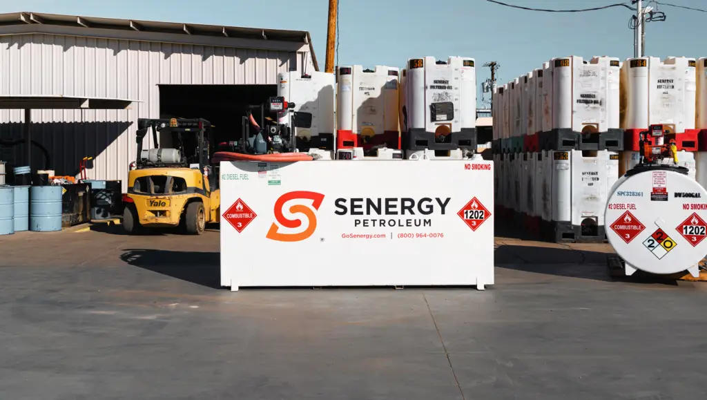 Senergy Petroleum branded diesel fuel storage container at a warehouse facility